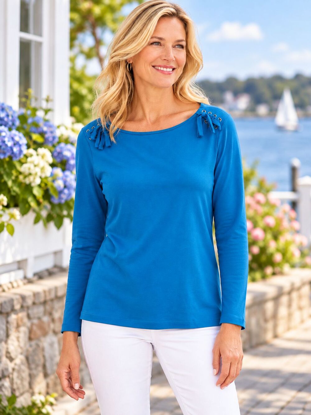 Talbots Petites MP Medium Petite Blue Lace Up Shoulder Long Sleeve Cotton Top